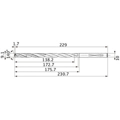 MVS0910X15S100 DP1020 9.1 mm Dia. × 10 mm Shank × 172.7 mm Flute Length × 230.7 mm OAL, 140°, 2 Flute, Coolant Thru, Solid Carbide Drill
