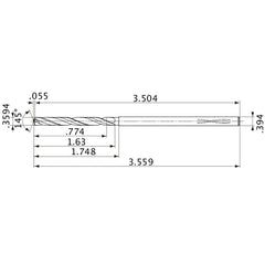MVS0913X02S100PL DP1020 0.3594″ Dia. × 0.394″ Shank × 1.63″ Flute Length × 3.559″ OAL, 145°, 2 Flute, Coolant Thru, Solid Carbide Drill