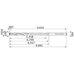 MVS0913X15S100 DP1020 0.3594″ Dia. × 0.394″ Shank × 6.799″ Flute Length × 9.083″ OAL, 140°, 2 Flute, Coolant Thru, Solid Carbide Drill