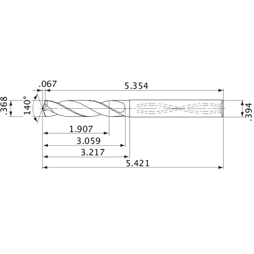 MVS0935X05S100 DP1020 0.368″ Dia. × 0.394″ Shank × 3.059″ Flute Length × 5.421″ OAL, 140°, 2 Flute, Coolant Thru, Solid Carbide Drill