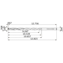 MVS0935X25S100 DP1020 0.368″ Dia. × 0.394″ Shank × 10.539″ Flute Length × 12.823″ OAL, 140°, 2 Flute, Coolant Thru, Solid Carbide Drill