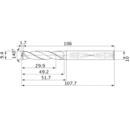 MVS0940X03S100 DP1020 9.4 mm Dia. × 10 mm Shank × 49.2 mm Flute Length × 107.7 mm OAL, 140°, 2 Flute, Coolant Thru, Solid Carbide Drill