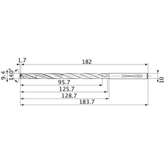 MVS0940X10S100 DP1020 9.4 mm Dia. × 10 mm Shank × 125.7 mm Flute Length × 183.7 mm OAL, 140°, 2 Flute, Coolant Thru, Solid Carbide Drill