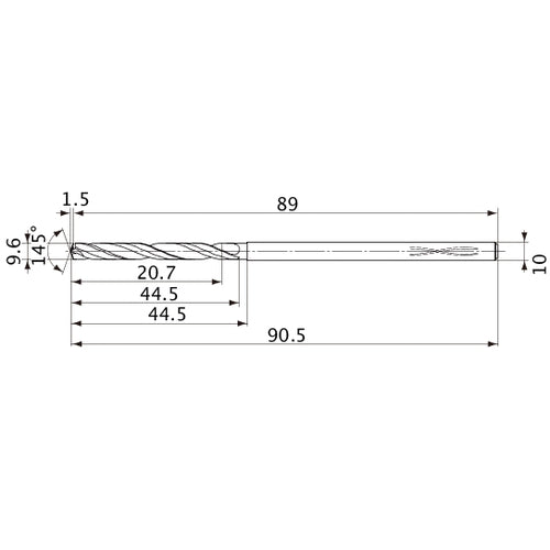 MVS0960X02S100PL DP1020 9.6 mm Dia. × 10 mm Shank × 44.5 mm Flute Length × 90.5 mm OAL, 145°, 2 Flute, Coolant Thru, Solid Carbide Drill