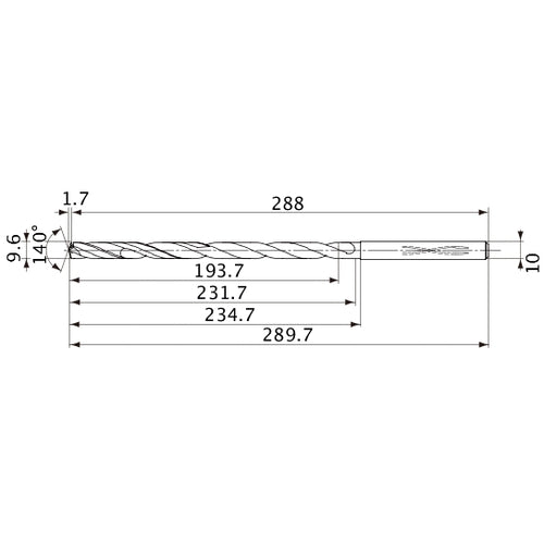 MVS0960X20S100 DP1020 9.6 mm Dia. × 10 mm Shank × 231.7 mm Flute Length × 289.7 mm OAL, 140°, 2 Flute, Coolant Thru, Solid Carbide Drill