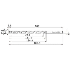 MVS0980X10S100 DP1020 9.8 mm Dia. × 10 mm Shank × 131.8 mm Flute Length × 189.8 mm OAL, 140°, 2 Flute, Coolant Thru, Solid Carbide Drill