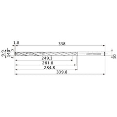 MVS0990X25S100 DP1020 9.9 mm Dia. × 10 mm Shank × 281.8 mm Flute Length × 339.8 mm OAL, 140°, 2 Flute, Coolant Thru, Solid Carbide Drill