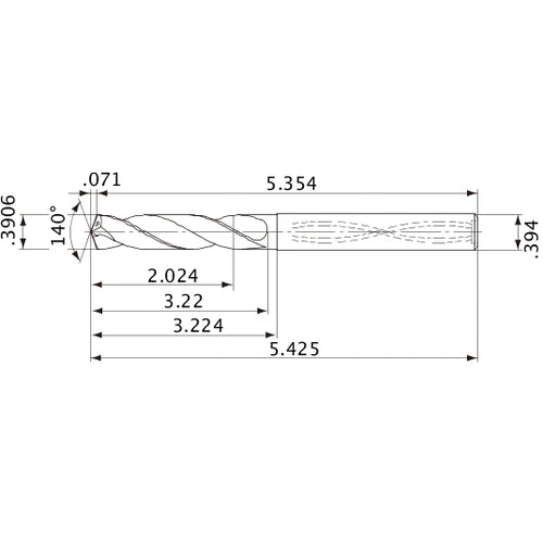 MVS0992X05S100 DP1020 0.3906″ Dia. × 0.394″ Shank × 3.22″ Flute Length × 5.425″ OAL, 140°, 2 Flute, Coolant Thru, Solid Carbide Drill