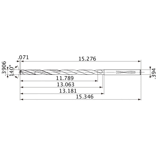 MVS0992X30S100 DP1020 0.3906″ Dia. × 0.394″ Shank × 13.063″ Flute Length × 15.346″ OAL, 140°, 2 Flute, Coolant Thru, Solid Carbide Drill