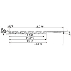 MVS0992X30S100 DP1020 0.3906″ Dia. × 0.394″ Shank × 13.063″ Flute Length × 15.346″ OAL, 140°, 2 Flute, Coolant Thru, Solid Carbide Drill