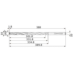 MVS1000X30S100 DP1020 10 mm Dia. × 10 mm Shank × 331.8 mm Flute Length × 389.8 mm OAL, 140°, 2 Flute, Coolant Thru, Solid Carbide Drill