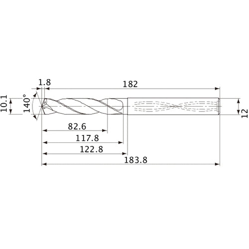 MVS1010X08S120 DP1020 10.1 mm Dia. × 12 mm Shank × 117.8 mm Flute Length × 183.8 mm OAL, 140°, 2 Flute, Coolant Thru, Solid Carbide Drill