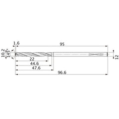 MVS1020X02S120PL DP1020 10.2 mm Dia. × 12 mm Shank × 44.6 mm Flute Length × 96.6 mm OAL, 145°, 2 Flute, Coolant Thru, Solid Carbide Drill