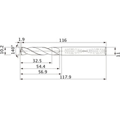 MVS1020X03S110 DP1020 10.2 mm Dia. × 11 mm Shank × 54.4 mm Flute Length × 117.9 mm OAL, 140°, 2 Flute, Coolant Thru, Solid Carbide Drill