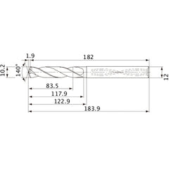 MVS1020X08S120 DP1020 10.2 mm Dia. × 12 mm Shank × 117.9 mm Flute Length × 183.9 mm OAL, 140°, 2 Flute, Coolant Thru, Solid Carbide Drill