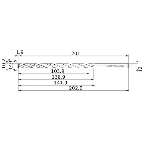 MVS1020X10S120 DP1020 10.2 mm Dia. × 12 mm Shank × 138.9 mm Flute Length × 202.9 mm OAL, 140°, 2 Flute, Coolant Thru, Solid Carbide Drill