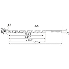 MVS1020X20S120 DP1020 10.2 mm Dia. × 12 mm Shank × 243.9 mm Flute Length × 307.9 mm OAL, 140°, 2 Flute, Coolant Thru, Solid Carbide Drill