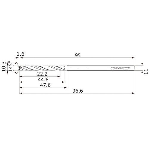 MVS1030X02S110PL DP1020 10.3 mm Dia. × 11 mm Shank × 44.6 mm Flute Length × 96.6 mm OAL, 145°, 2 Flute, Coolant Thru, Solid Carbide Drill