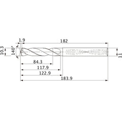MVS1030X08S110 DP1020 10.3 mm Dia. × 11 mm Shank × 117.9 mm Flute Length × 183.9 mm OAL, 140°, 2 Flute, Coolant Thru, Solid Carbide Drill