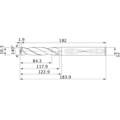 MVS1030X08S120 DP1020 10.3 mm Dia. × 12 mm Shank × 117.9 mm Flute Length × 183.9 mm OAL, 140°, 2 Flute, Coolant Thru, Solid Carbide Drill