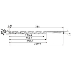 MVS1030X25S110 DP1020 10.3 mm Dia. × 11 mm Shank × 295.9 mm Flute Length × 359.9 mm OAL, 140°, 2 Flute, Coolant Thru, Solid Carbide Drill