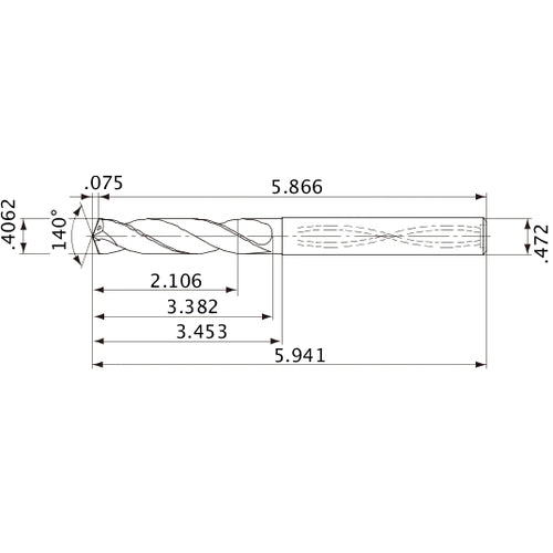 MVS1032X05S120 DP1020 0.4062″ Dia. × 0.472″ Shank × 3.382″ Flute Length × 5.941″ OAL, 140°, 2 Flute, Coolant Thru, Solid Carbide Drill