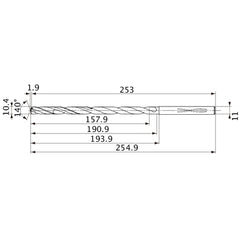 MVS1040X15S110 DP1020 10.4 mm Dia. × 11 mm Shank × 190.9 mm Flute Length × 254.9 mm OAL, 140°, 2 Flute, Coolant Thru, Solid Carbide Drill