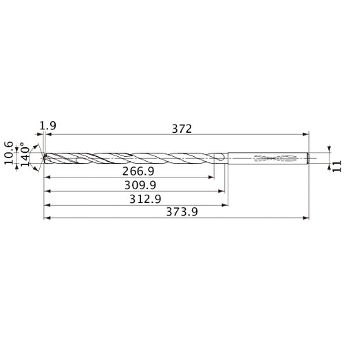 MVS1060X25S110 DP1020 10.6 mm Dia. × 11 mm Shank × 309.9 mm Flute Length × 373.9 mm OAL, 140°, 2 Flute, Coolant Thru, Solid Carbide Drill