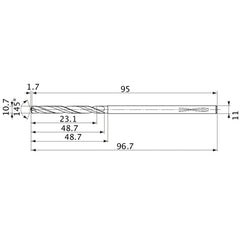 MVS1070X02S110PL DP1020 10.7 mm Dia. × 11 mm Shank × 48.7 mm Flute Length × 96.7 mm OAL, 145°, 2 Flute, Coolant Thru, Solid Carbide Drill