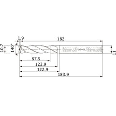 MVS1070X08S110 DP1020 10.7 mm Dia. × 11 mm Shank × 122.9 mm Flute Length × 183.9 mm OAL, 140°, 2 Flute, Coolant Thru, Solid Carbide Drill