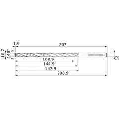 MVS1070X10S120 DP1020 10.7 mm Dia. × 12 mm Shank × 144.9 mm Flute Length × 208.9 mm OAL, 140°, 2 Flute, Coolant Thru, Solid Carbide Drill