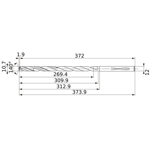 MVS1070X25S120 DP1020 10.7 mm Dia. × 12 mm Shank × 309.9 mm Flute Length × 373.9 mm OAL, 140°, 2 Flute, Coolant Thru, Solid Carbide Drill
