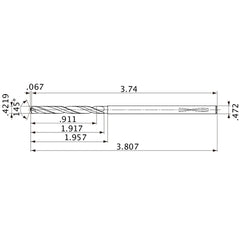 MVS1072X02S120PL DP1020 0.4219″ Dia. × 0.472″ Shank × 1.917″ Flute Length × 3.807″ OAL, 145°, 2 Flute, Coolant Thru, Solid Carbide Drill