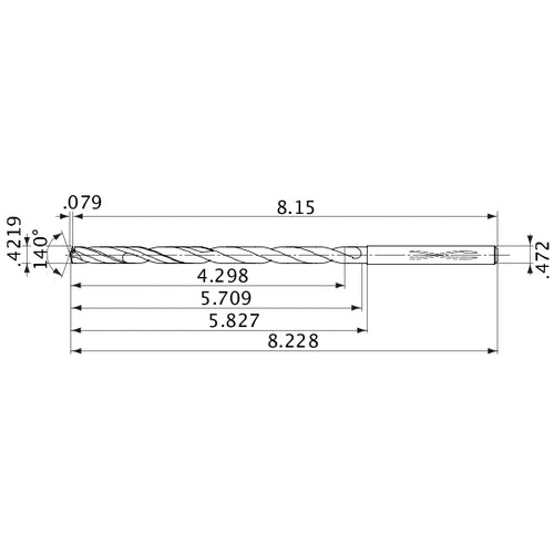 MVS1072X10S120 DP1020 0.4219″ Dia. × 0.472″ Shank × 5.709″ Flute Length × 8.228″ OAL, 140°, 2 Flute, Coolant Thru, Solid Carbide Drill