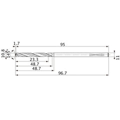 MVS1080X02S110PL DP1020 10.8 mm Dia. × 11 mm Shank × 48.7 mm Flute Length × 96.7 mm OAL, 145°, 2 Flute, Coolant Thru, Solid Carbide Drill