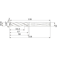 MVS1080X03S120 DP1020 10.8 mm Dia. × 12 mm Shank × 57 mm Flute Length × 118 mm OAL, 140°, 2 Flute, Coolant Thru, Solid Carbide Drill