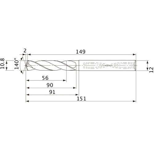 MVS1080X05S120 DP1020 10.8 mm Dia. × 12 mm Shank × 90 mm Flute Length × 151 mm OAL, 140°, 2 Flute, Coolant Thru, Solid Carbide Drill