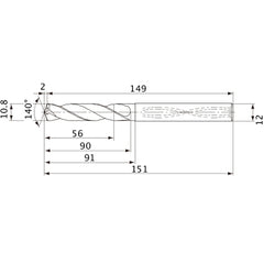 MVS1080X05S120 DP1020 10.8 mm Dia. × 12 mm Shank × 90 mm Flute Length × 151 mm OAL, 140°, 2 Flute, Coolant Thru, Solid Carbide Drill