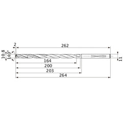 MVS1080X15S110 DP1020 10.8 mm Dia. × 11 mm Shank × 200 mm Flute Length × 264 mm OAL, 140°, 2 Flute, Coolant Thru, Solid Carbide Drill