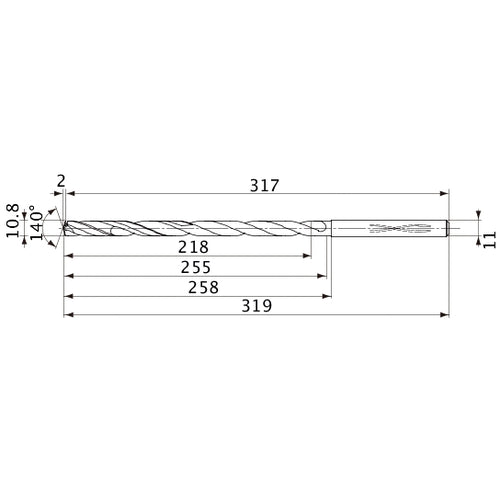 MVS1080X20S110 DP1020 10.8 mm Dia. × 11 mm Shank × 255 mm Flute Length × 319 mm OAL, 140°, 2 Flute, Coolant Thru, Solid Carbide Drill