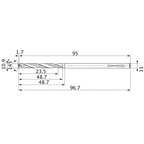 MVS1090X02S110PL DP1020 10.9 mm Dia. × 11 mm Shank × 48.7 mm Flute Length × 96.7 mm OAL, 145°, 2 Flute, Coolant Thru, Solid Carbide Drill