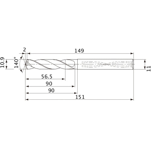 MVS1090X05S110 DP1020 10.9 mm Dia. × 11 mm Shank × 90 mm Flute Length × 151 mm OAL, 140°, 2 Flute, Coolant Thru, Solid Carbide Drill
