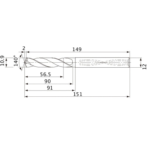 MVS1090X05S120 DP1020 10.9 mm Dia. × 12 mm Shank × 90 mm Flute Length × 151 mm OAL, 140°, 2 Flute, Coolant Thru, Solid Carbide Drill