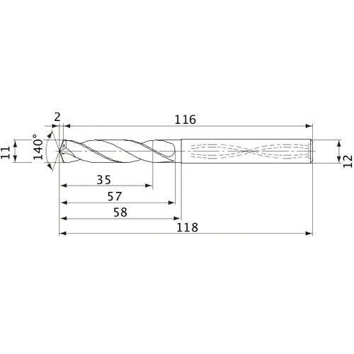 MVS1100X03S120 DP1020 11 mm Dia. × 12 mm Shank × 57 mm Flute Length × 118 mm OAL, 140°, 2 Flute, Coolant Thru, Solid Carbide Drill