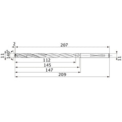 MVS1100X10S110 DP1020 11 mm Dia. × 11 mm Shank × 145 mm Flute Length × 209 mm OAL, 140°, 2 Flute, Coolant Thru, Solid Carbide Drill