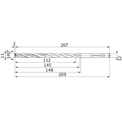 MVS1100X10S120 DP1020 11 mm Dia. × 12 mm Shank × 145 mm Flute Length × 209 mm OAL, 140°, 2 Flute, Coolant Thru, Solid Carbide Drill