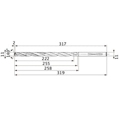 MVS1100X20S110 DP1020 11 mm Dia. × 11 mm Shank × 255 mm Flute Length × 319 mm OAL, 140°, 2 Flute, Coolant Thru, Solid Carbide Drill