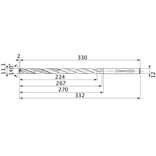 MVS1110X20S120 DP1020 11.1 mm Dia. × 12 mm Shank × 267 mm Flute Length × 332 mm OAL, 140°, 2 Flute, Coolant Thru, Solid Carbide Drill