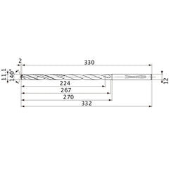 MVS1110X20S120 DP1020 11.1 mm Dia. × 12 mm Shank × 267 mm Flute Length × 332 mm OAL, 140°, 2 Flute, Coolant Thru, Solid Carbide Drill