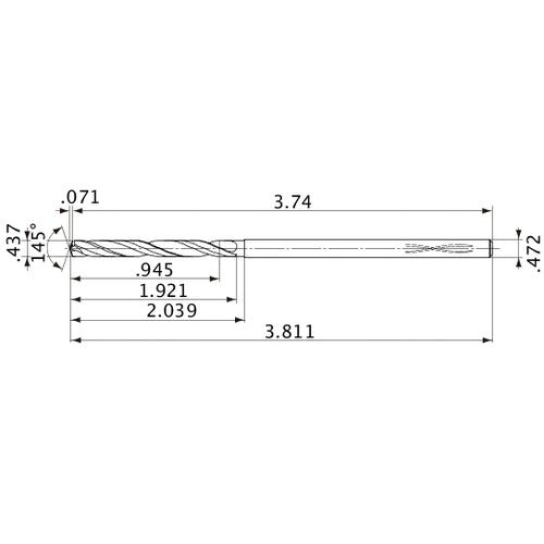 MVS1111X02S120PL DP1020 0.437″ Dia. × 0.472″ Shank × 1.921″ Flute Length × 3.811″ OAL, 145°, 2 Flute, Coolant Thru, Solid Carbide Drill